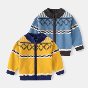 Gilet en Maille Zippé pour Garçons Motif Argyle Géométrique Mélange de Coton Manches Longues Manteau Chaud Veste Enfants Automne Hiver