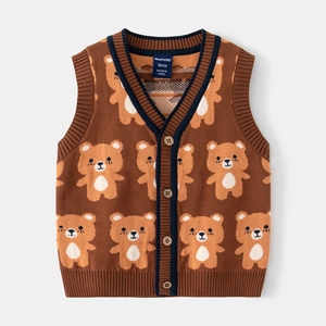V-neck brown kids knit vest featuring beige bear patterns and vintage wooden buttons