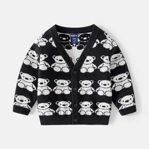 Toddler boy black knit cardigan with white cartoon bear patterns and V-neck design