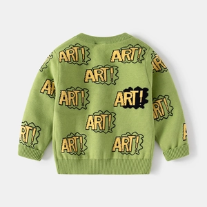 Kids green knit sweater featuring yellow pixel art pattern and classic ribbed trims