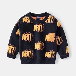 Classic crewneck kids sweater in navy blue with orange and yellow ART! letter patterns