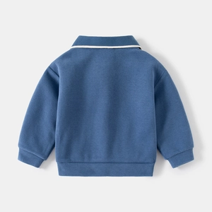 Rear view of kid's navy blue polo sweatshirt showing ribbed cuffs and striped collar
