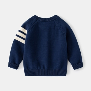 Detailed view of dark blue knit sweater with three white stripes on the sleeve sleeve