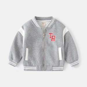 Giacca baseball grigia per bambini con ricamo TR rosso e polsini a coste per l'autunno