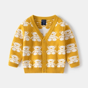 Kids knitted cardigan in mustard yellow with white cartoon bear jacquard and V-neck