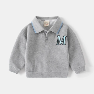Light gray kids long sleeve polo sweatshirt with embroidered blue letter M detail