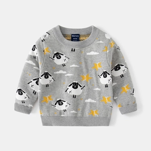 Kids grey crewneck sweater with cartoon sheep, yellow stars and white clouds pattern