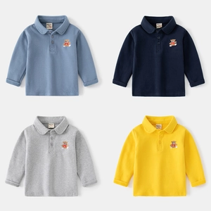 Kids Boys Girls Long Sleeve Polo Shirt Embroidered Bear Cotton Blend Lapel Autumn Casual Toddler Tops For Daily School Wear