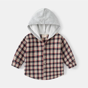 Close-up of red and blue checkered cotton shirt with grey knitted hood and beige buttons