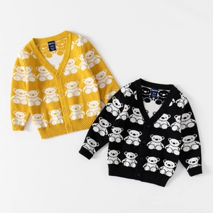Toddler boys bear pattern knitted cardigan in yellow and black with V-neck buttons