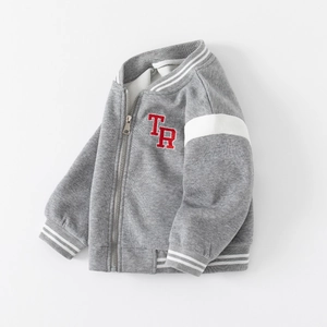 Giacca da baseball grigia per bambini con ricamo TR e polsini a coste a righe bianche