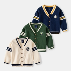 Kids Cotton Blend V-Neck Knitted Cardigan Sweater Toddler Boys Preppy Style Striped Embroidery Badge Button Down Top