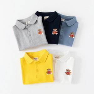 Five-pack of kids' long-sleeve cotton Polo shirts with cute bear embroidery on the chest