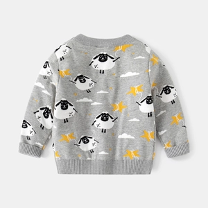 Kids grey knitted sweater with cartoon white sheep and stars pattern round neck design