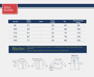 Size chart for kids casual trousers with measurements for height 90cm to 130cm