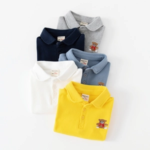 Boys long sleeve cotton polo shirts set with bear embroidery in five assorted colors