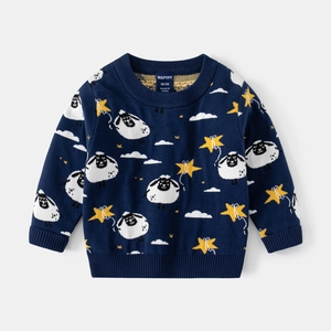 Kids navy knit sweater with cartoon sheep and stars patterns, crewneck pullover for boys