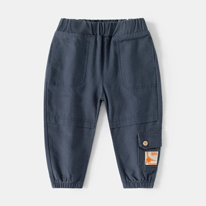 Pantalon sarouel bleu marine pour garçons en coton avec patch dinosaure orange