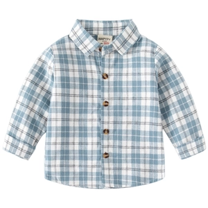 Chemise à manches longues pour garçon en coton à carreaux bleu et blanc avec col classique