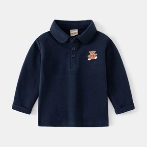 Classic navy blue children's long-sleeve POLO shirt with cute bear embroidery detail