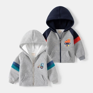 Sweat à Capuche Zippé pour Garçons Doublé de Polaire Imprimé Tracteur de Dessin Animé Couleur Contrastée Chaud Veste Top