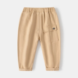 Pantaloni casual beige kaki in cotone per bambini con vita elastica e tasca laterale cargo