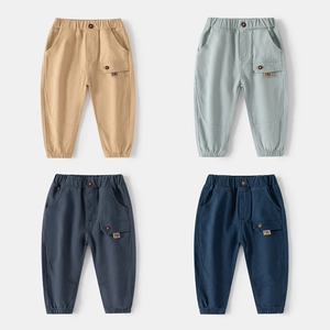 Boys Casual Cotton Blend Pants Elastic Waist Cargo Trousers Solid Color Soft Daily Bottoms For Kids Young Children