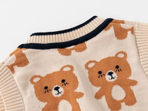Detail of baby bear knitted cardigan with contrast rib neckline and soft texture