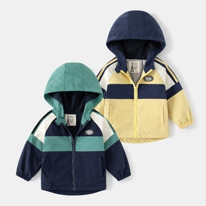 Boys Autumn Colorblock Hooded Jacket Fleece Lined Windproof Thickened Korean Style Children Casual Outerwear Coat Top