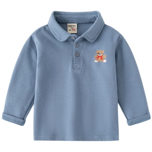 Toddler long sleeve polo shirt in grey-blue with bear embroidery and classic lapel
