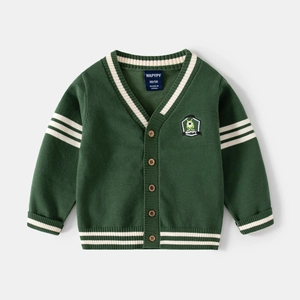 Deep green kids v-neck knit cardigan with white stripes and cartoon embroidery