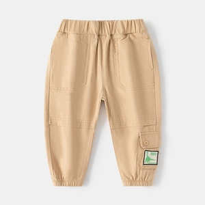 Pantalon cargo kaki pour enfant avec taille élastique et patch dinosaure vert