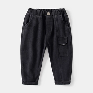 Pantaloni cargo neri per bambini con vita elastica e tasca laterale FASHION