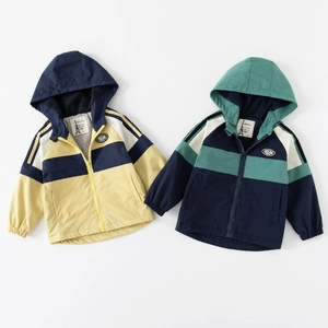 Kids color-block hooded windbreaker jackets in yellow and green with striped sleeves