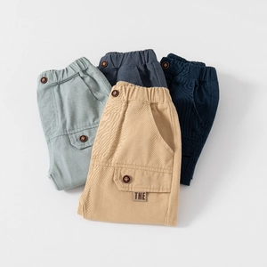 Kids casual cotton cargo pants in four colors with elastic waist and buttoned pockets