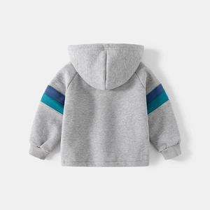 Vue arrière du sweat à capuche gris pour enfant avec rayures contrastées aux manches