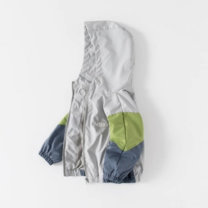 Sweat à capuche enfant doublé polaire gris avec manches contrastées vert et bleu