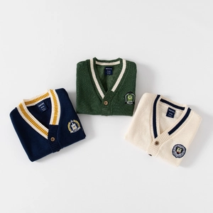 V-neck children's knit cardigan with cartoon embroidery and wooden buttons in navy and cream