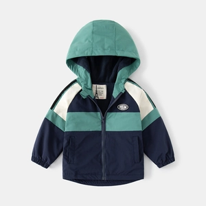 Toddler boy windproof hooded jacket in dark blue and green color-block design