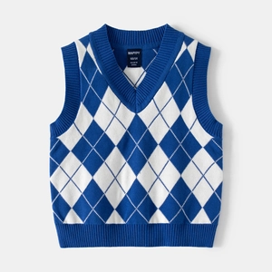 Boys Argyle Knit Vest V-Neck Cotton Blend Sleeveless Sweater For Kids Toddler Korean Style Preppy Autumn Pullover Clothes