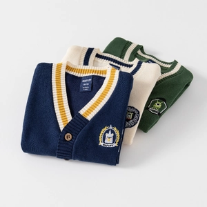 Kids V-neck knit cardigan with preppy stripe trim and cute embroidery in three colors