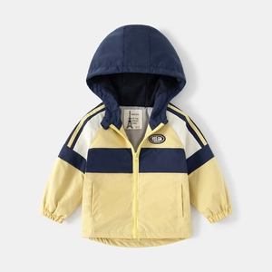 Boys hooded windbreaker jacket with yellow and navy color-blocking design