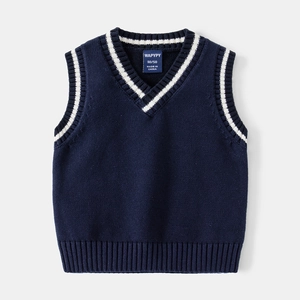 Gilet en maille bleu marine pour garçons avec col en V et bordures rayées blanches