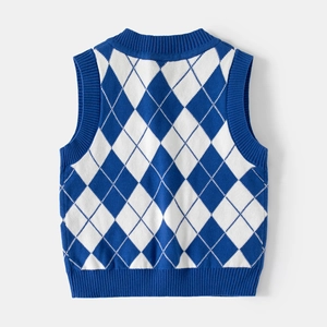 Toddler boys argyle knit vest with V-neck and ribbed trim in dark blue and white