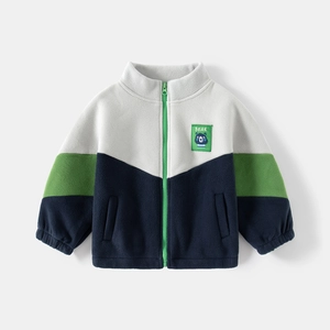 Boys Polar Fleece Jacket Color Block Zip Up Stand Collar Warm Autumn Winter Coat With Bear Patch Casual Outerwear