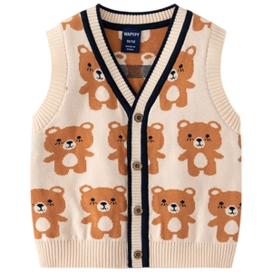 Beige kids knitted vest featuring brown bear pattern and contrast navy trim v-neck