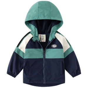 Toddler boy windproof hooded jacket with color-block design in green, navy and beige