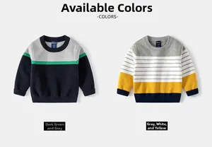 Detailed flat lay of striped knit sweaters for boys with soft ribbed cuffs and neckline
