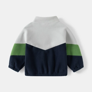 Kids warm fleece jacket featuring a modern grey, green and navy color block design