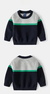 Detailed front and back views of boys' striped knit sweater with ribbed cuffs and hem